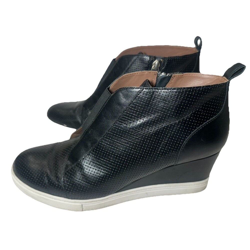Linea Paolo Felicia Wedge Sneaker Booties Black Perforated Leather 9.5
